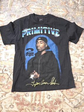 Primitive Black Tee with Blue and Yellow Tupac Graphic